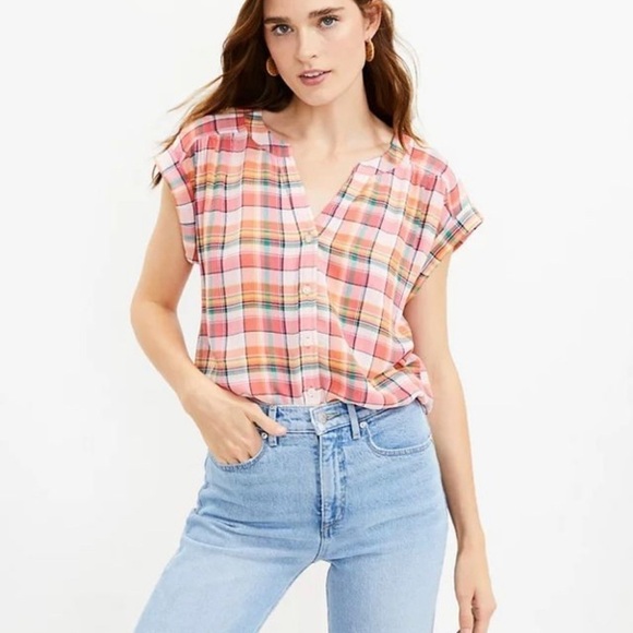 LOFT Dolman Plaid. Short Sleeve Button Down Pink Top Sz XS - Picture 6 of 8